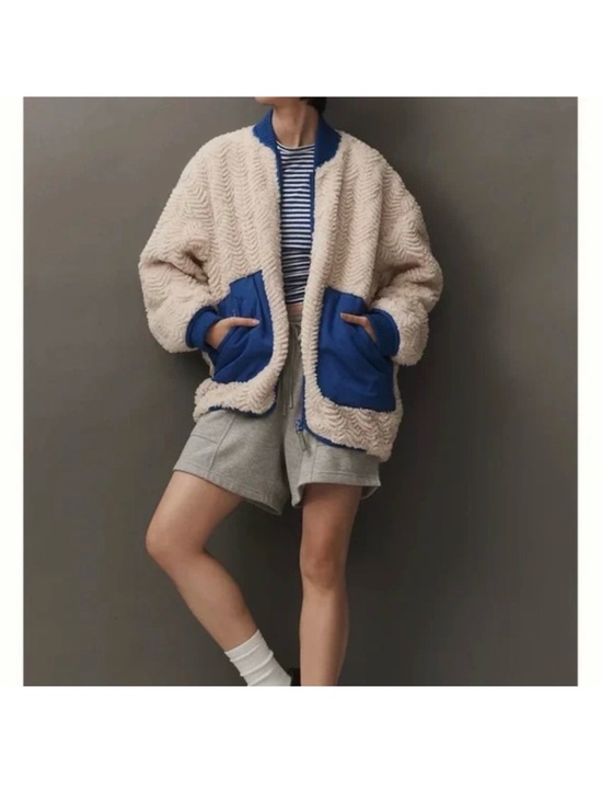 Pilcro Jackets & Blazers - Pilcro Cream Teddy Jacket with Blue Trim